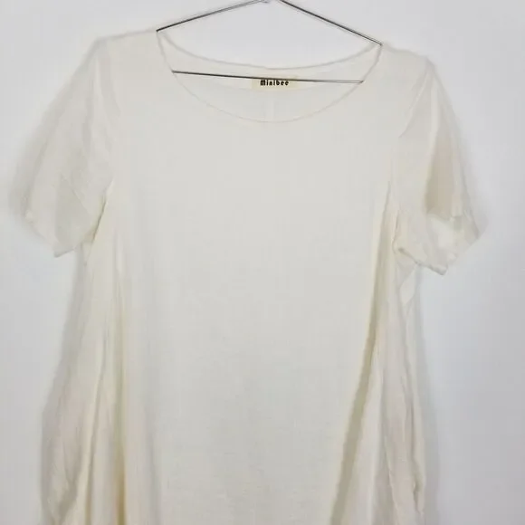 Minibee Women Linen Lagenlook Midi Dress Size S/M White Relaxed Short Sleeve - Picture 2 of 9